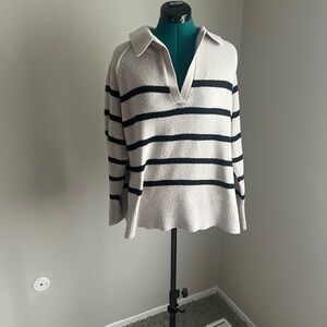 Aerie Striped Collar V-Neck Sweater - Cream & Black